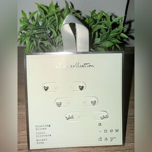 A New Day Silver Heart and Bow Earrings Set